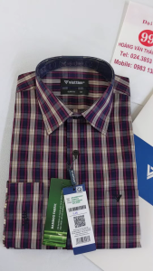 [Việt Tiến Sale] Sơ Mi Dài Tay - Slim Fit - Vạt bầu - Kẻ ô tím xen kẻ be