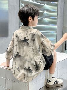 ชุดกิ๊บตุ๊กตาผู้ชายสไตล์จีนใหม่ ชุดเด็กผู้ชายแขนสั้นฤดูร้อน ชุดการแสดงสไตล์โบราณแบบหมึกและน้ำสีน้ำเงินสำหรับเด็ก ชุดฮันฟู