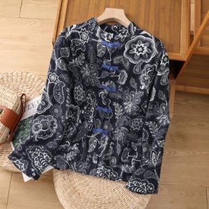 Áo Khoác Ngắn Thêu Hoa Cotton Lanh Cổ Đứng Tay Dài Mùa Xuân Thu Cỡ Lớn Áo Len Cardigan Hở Nút Áo Phong Cách Trung Hoa Cổ Điển