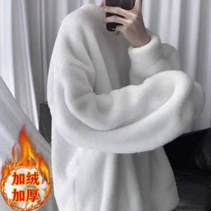 Mens Winter Lamb Velvet Base Layer Sweater Ins Hong Kong Style Trendy American Warm Couple Sports Fleece Lined Hoodie