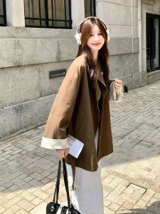 Caramel-Colored British Style Womens Coat Autumn Fashion Outerwear Long Sleeve Zipper Closure Mid-Length High Fashion Sense