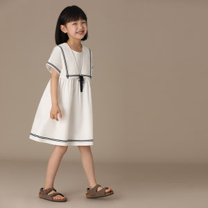 ชุดเด็กผ้าฝ้ายล้วนสีขาวสไตล์ทหารเรือชุดเดรสเด็กหญิงชุดฤดูร้อนกระโปรงจบการศึกษาหญิงเด็กโตเสื้อเชิ้ตกระโปรงชุดนักเรียน