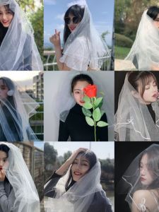 Mũ trùm đầu cô dâu màu trắng thanh lịch đơn giản Mạng che mặt ngắn cho hình ảnh và đám cưới Chất liệu sợi mềm của tình yêu dưới mặt trăng