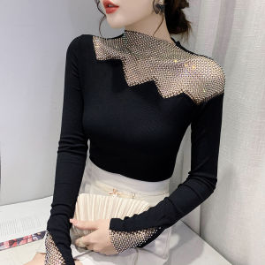 Áo thun nữ Yimei mùa xuân và mùa thu hợp thời trang mới cổ áo cao Áo sơ mi mặc trong màu đen phía trên giảm béo Tay áo dài