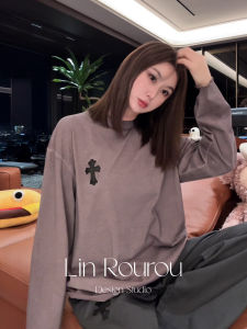 Retro Loose Fit Long Sleeve T-Shirt Crew Neck Pullover American Style Fashionable Design Worn-In Look Womens Cotton Top