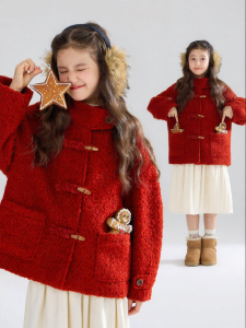 MUCMUKN | Horn Button Hooded Warm Wool Coat for Girls