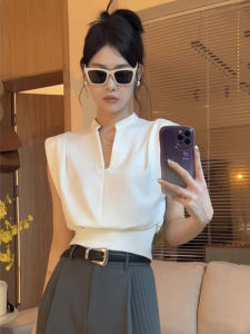 Cổ Chữ V Stand-up Cổ Áo Slim-fit Cộc Tay Không Tay Áo Sơ Mi Nữ Retro Cảm Giác Cao Cấp Mùa Hè Thương Hiệu Hàng Đầu Giảm Giá Hàng Châu Âu