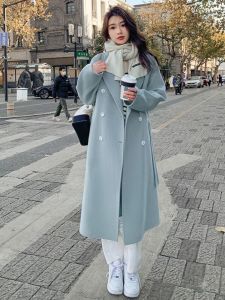 Blue Woolen Coat Womens 2025 Autumn Winter New Korean Version Loose Thickened Medium Length Belted Woolen Jacket Women