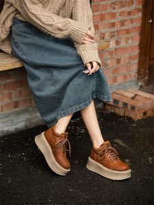 Mata Womens Low-Top Martin Boots Autumn Winter Thick Bottom Heightening Short Boots Genuine Leather Retro Cowhide Casual Shoes