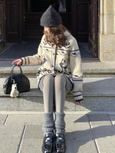 Elegant White Fair Isle Sweater Jacket Womens Autumn Winter Korean Style Deer Embroidery Soft Cozy Open Cardigan