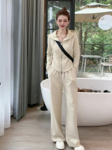 Fashionable Casual Sportswear Set Women Spring White Enhancing Hoodie Jacket High Waist Wide Leg Pants Two Piece Set