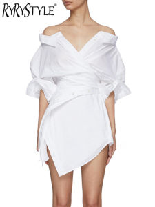 Korean Style Shirt Dress For Women V Neck Long Sleeve Off Shoulder High Waist Solid Mini Dresses Female Clothes Fashion