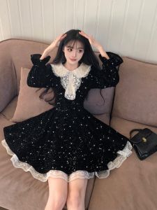 Plus Size Plus Size Ladies Sweet Retro Peter Pan Collar Lace Patchwork Thin and Glittering Velvet Dress Female Fall and Winter Princess Pettiskirt