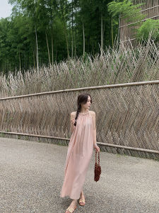 Momo Girlcore Cool Sensation Loose Sleeveless Tie Waist Dress Bamboo Fiber Lyocell Linen Blend Mid-Length Summer Dress