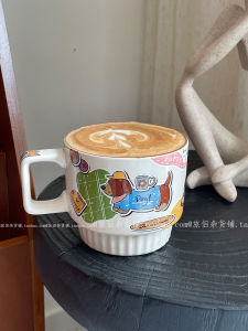 Retro Mocha Brown Ceramic Mug Sausage Dog Latte Coffee Cup Breakfast Milk Gift Single Ear Handle No Lid Animal Pattern