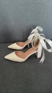 Ladies White High Heels with Pearl Ribbon Sandals Evening Gown Shoes Wedding Footwear Elegant Womens Footwear