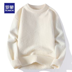 ROMON | เสื้อสเวตเตอร์ถักหนาสำหรับผู้ชาย ทรงหลวม คอกลม สีสันสดใส ผ้าฝ้ายผสมโพลีเอสเตอร์และไนลอน ฤดูหนาว 2023