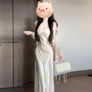 French Elegant Knitted Acetate Satin Dress Two-Piece Set Winter Warm Long Sleeve V-Neck Midi Skirt And Open Cardigan