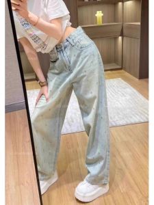 Heavy Duty Rhinestone Denim High Waist Wide Leg Straight Leg Pants Spring Summer New Style Light Blue Loose Long Trousers Women
