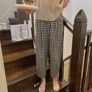 กางเกงลายสก็อตทรงหลวมเอวสูงสไตล์เกาหลีสำหรับผู้หญิง กางเกงขายาวทรงขากว้างฤดูร้อน ผ้าฝ้ายผสมลินิน ความยาวสามส่วน