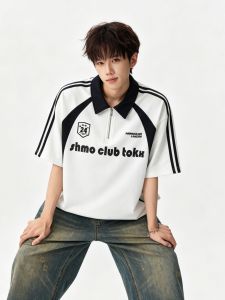 OULUDE | Relaxed Sport Letter Print Short Sleeve Polo Shirt T-Shirt Summer