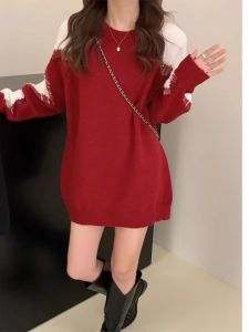 WANGGONGZHU | Loose Sweater Womens Christmas New Year Lazy Style Long Sleeve Round Neck Pullover Thermal Casual Loose Fit Top For Autumn Winter