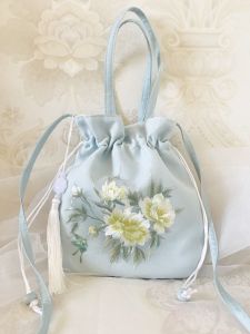 Elegant Embroidered Tassel Crossbody Bag Hanfu Style Drawstring Handbag Soft Polyester Material round Corner Soft Bag