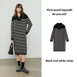 Toyouth | Winter Light Sporty Zipper Polo Collar Black & White Striped Loose Knit Dress