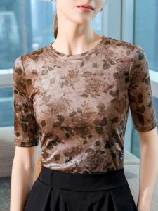 Áo Thun Nữ Cổ Tròn Tay Giữa in Họa Tiết Mới Thu Đông Áo Lót Lưới Độc Đáo Áo Thun Polyester Ôm Vừa Vặn Thời Trang