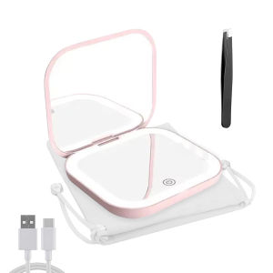 Gương Trang Điểm Bỏ Túi Có Đèn Kèm Nhíp Tỉa Lông Mày Phóng Đại 1X/3X Gương Nhỏ Gọn Du Lịch Có Đèn LED