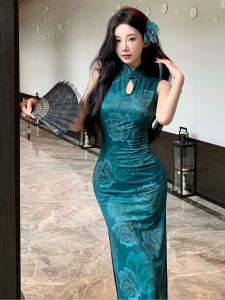Slimming Green Grandmother Large Flower Sleeveless Improved Cheongsam Mid-Length Summer New Style Vintage Wind Dress
