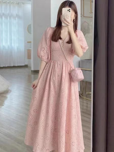 QFN | Puff Sleeve Lace Loose Fitted Waist Slimming French Style Pink Lace Dress