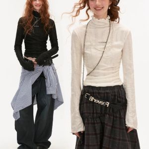 Arrival! Destroyed Turtleneck Long Sleeve T-shirt 24 New Arrival Womens Casual Black Long-Sleeved Bottoming Shirt Classy Silm Tops