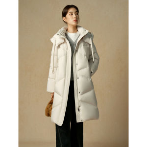 DUSHU | Stylish Hooded Long Down Jacket with Sailor Collar 90 White Duck Down Filled
