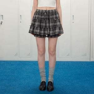 unifree | Chân Váy Xòe Lớp Plaid Đen Phong Cách Retro
