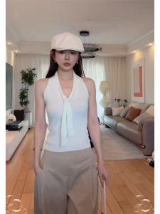 YUEZHONGWEI | White V-neck Ice Silk Knitted Strap Vest Women Summer Outerwear Slim Fit Short Back Lace Splice Top Asymmetrical Commute Style