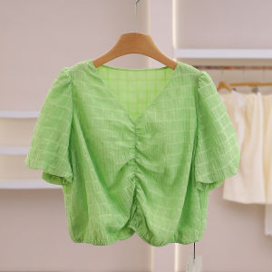 Slimming Short Flounce V-Neck Solid Color Chiffon Shirt Summer