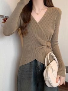 AIYITI | Plus Size V-Neck Long Sleeve Knit Sweater Autumn Waist Cincher Hiding Belly