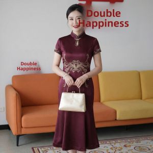 Wedding Qipao Sleeveless Embroidered Stand-up Collar Fitted Fish-tail Dress for Grandmothers