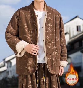 Thickened Fleece Lined Corduroy Jacket for Men Chinese Style Tang Costume Cotton Coat with Button Design Winter Outerwear