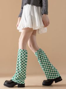 Color Matching Pile Style Foot Sock White Green Chessboard Lattice Width Leg Warmer Niche Style Y2g Retro College Style Tube Socks Ins Fashion