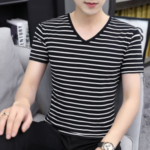 Áo Thun Nam Tay Ngắn Cổ Chữ V Sọc Đen Trắng Cotton Pha Trộn Thời Trang Mùa Hè Thường Ngày Tay Ngắn Thương Hiệu Hợp Thời Trang