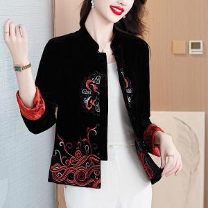 New Chinese Style Embroidered Stand Collar Open Cardigan Outerwear Spring Autumn Winter plus Size Womens Fashion Top