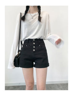 Zhang Feifei High Waist A-Line Wide Leg Black Denim Shorts Womens Summer Elastic Slimming Hot Pants High Waist Straight Cut