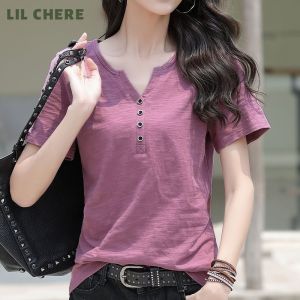 LIL CHERE 100% Cotton T-shirt V-neck Button Tshirt Cotton for Women Casual Top