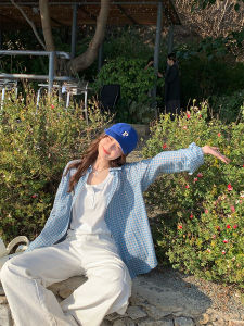 Blue Plaid Korean Style Casual Shirt Womens Summer Thin Loose Lazy Long Sleeve Sun Protection Outerwear Shirt Top