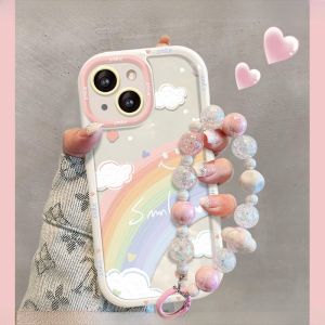 New Womens Style iPhone 14 pro Max Case Cream Bracelet Protection Personalized Rainbow Smiley Hand Chain Silicone Cover