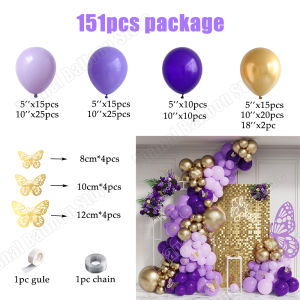 151/163pcs Purple Butterfly Balloon Garland Arch Macar Pink Purple Chrome Gold Ball Girl Birthday Party Baby Shower Wedding Deco