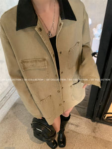 GV Big Brother Heavyweight Workwear Style Color Block หนัง ปกเสื้อ เดนิม เสื้อแจ็คเก็ต แขนยาว สตรีทแวร์ เสื้อท่อนบน สําหรับผู้หญิง ฤดูใบไม้ร่วง