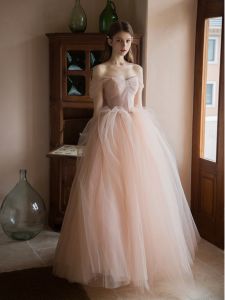 French Style One Shoulder Evening Gown Wedding Dress Birthday Party Hostess Ball Gown Princess Sleeve Embellished mid Waist